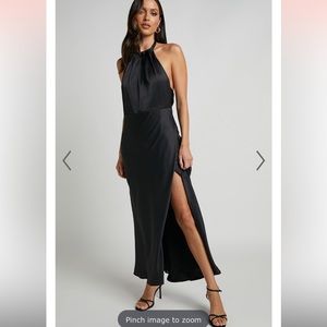 Showpo black satin halter backless dress
